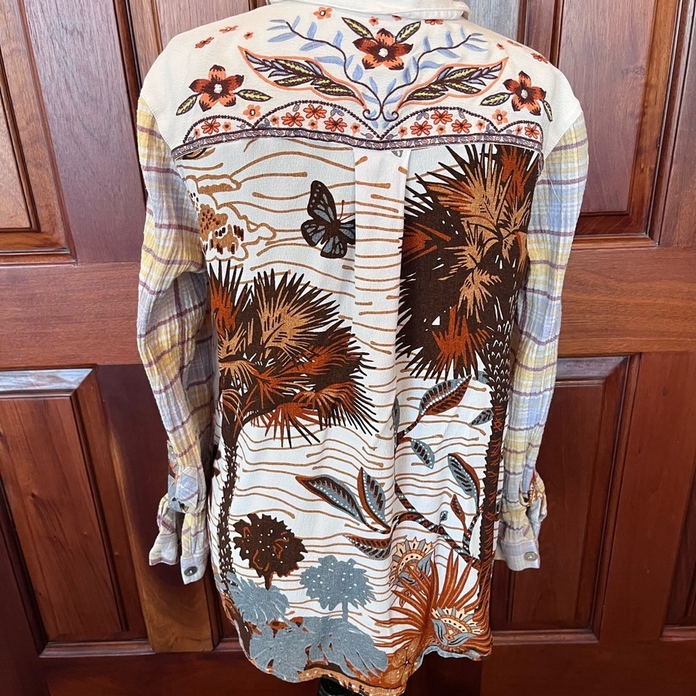 John Mark Embordiery Top Gold Brown Floral Leaf Chiffon Roll Tab Gauze Sleeve M